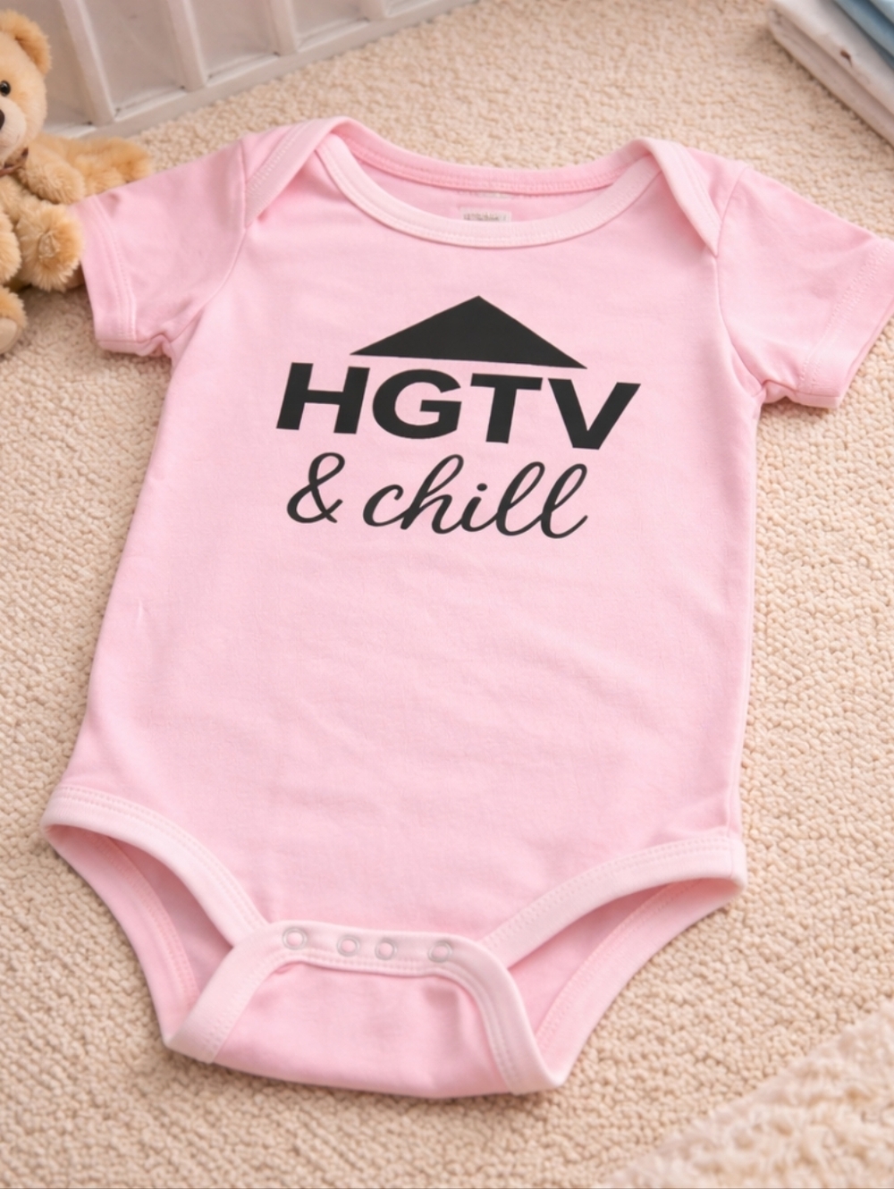 👇):🏡✨ Bella + Canvas “HGTV & Chill” Baby Onesie | Cozy Homebody Vibes | 6–12M